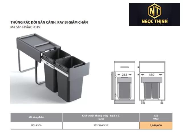 Thùng rác đôi gắn cánh, ray bi giảm chấn (dùng cho cánh kéo và cánh mở) tại Phước Thái
